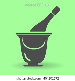 Flat bottle of champagne on ice icon. Vector