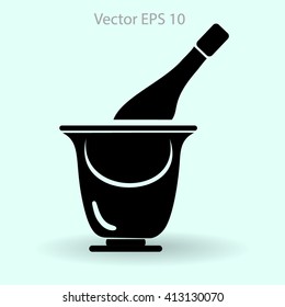 Flat bottle of champagne on ice icon. Vector