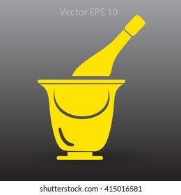 Flat bottle of champagne on ice icon. Vector