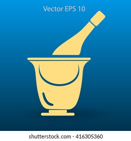 Flat bottle of champagne on ice icon. Vector