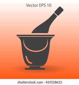 Flat bottle of champagne on ice icon. Vector