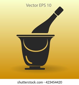 Flat bottle of champagne on ice icon. Vector
