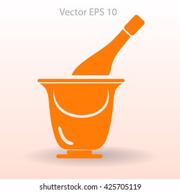 Flat bottle of champagne on ice icon. Vector