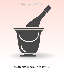 Flat bottle of champagne on ice icon. Vector