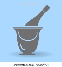 Flat bottle of champagne on ice icon. Vector