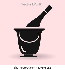 Flat bottle of champagne on ice icon. Vector