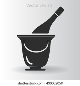 Flat bottle of champagne on ice icon. Vector