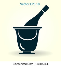 Flat bottle of champagne on ice icon. Vector