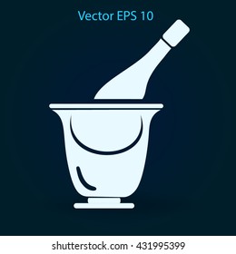 Flat bottle of champagne on ice icon. Vector