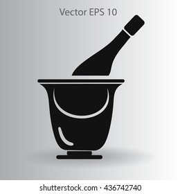Flat bottle of champagne on ice icon. Vector
