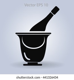 Flat bottle of champagne on ice icon. Vector