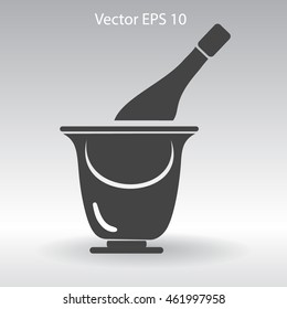 Flat bottle of champagne on ice icon. Vector