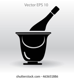 Flat bottle of champagne on ice icon. Vector