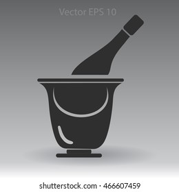 Flat bottle of champagne on ice icon. Vector