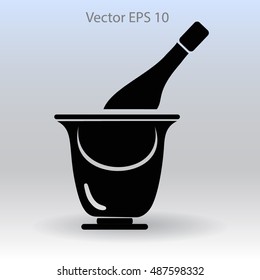 Flat bottle of champagne on ice icon. Vector