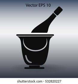 Flat bottle of champagne on ice icon. Vector