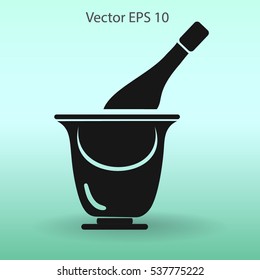Flat bottle of champagne on ice icon. Vector