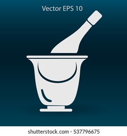 Flat bottle of champagne on ice icon. Vector