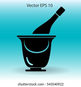 Flat bottle of champagne on ice icon. Vector