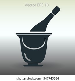 Flat bottle of champagne on ice icon. Vector