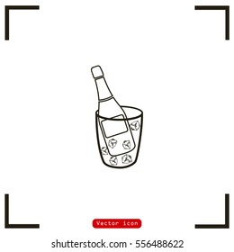 Flat bottle of champagne on ice icon. Vector