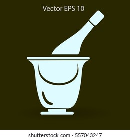 Flat bottle of champagne on ice icon. Vector