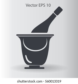 Flat bottle of champagne on ice icon. Vector