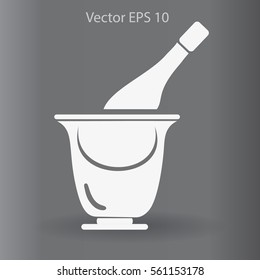 Flat bottle of champagne on ice icon. Vector