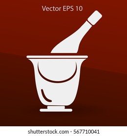 Flat bottle of champagne on ice icon. Vector