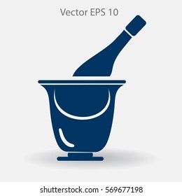 Flat bottle of champagne on ice icon. Vector