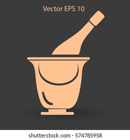 Flat bottle of champagne on ice icon. Vector