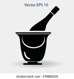 Flat bottle of champagne on ice icon. Vector