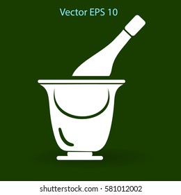 Flat bottle of champagne on ice icon. Vector