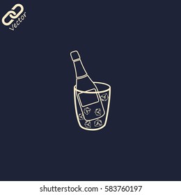 Flat bottle of champagne on ice icon. Vector