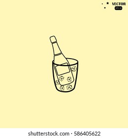 Flat bottle of champagne on ice icon. Vector