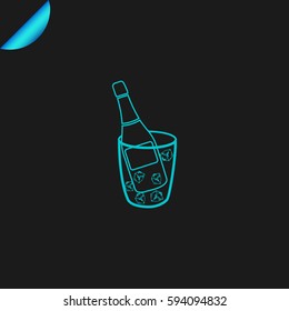 Flat bottle of champagne on ice icon. Vector