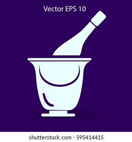 Flat bottle of champagne on ice icon. Vector