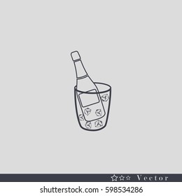 Flat bottle of champagne on ice icon. Vector