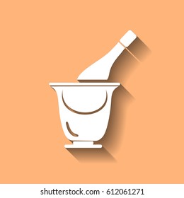 Flat bottle of champagne on ice icon. Vector