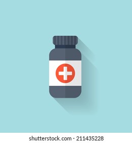 Flat bottle with medical pills icon. Tablets symbol. Health care.