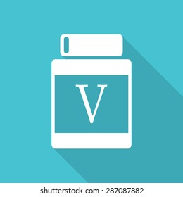 Flat bottle medical pills icon with long shadow.