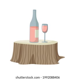 Flat bottle of rose wine and glass on wooden stump table vector illustration