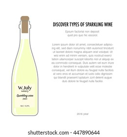 Flat bottle of sparkling wine isolated on white background. Typography poster for wine tasting or information poster for winery or wine shop