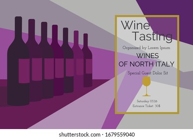 Flat bottles. Banner for wine tasting event in abstract style. Vector illustration.