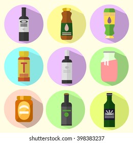 Flat Bottles Set. Vector Goods Signs. Modern Store Items