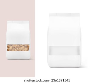 Flat bottom bag with clear window mockup with sample. Vector illustration isolated on white background. Your product is visible through the window. Perfect for the presentation of your product. EPS