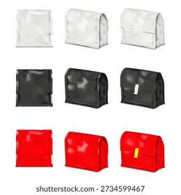 Flat bottom bag with folding top, label sticker. Front, half turn, back. White, black, red color. Realistic 3d vector mockup set. Gusseted pouch package isolated. Mock-up. Easy editable template