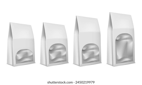 Bolsa de papel de fondo plano con ventana de plástico transparente aislado sobre fondo blanco. Juego de maquetas de Vector. Paquete de cartón kit de maqueta realista. Plantilla de diseño