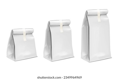 Flat bottom paper bag with fold top and sticky label. Different sizes vector mockup set. Blank package for coffee, tea, snacks and other foods mock-up kit. Template for design