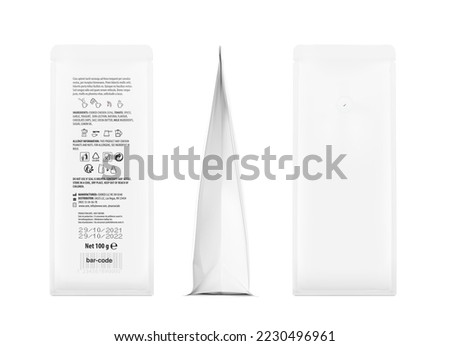 Flat bottom pouch with zipper and air valve. Vector illustration mockup isolated on white background.  View from the front, back and side. Suite for the presentation of coffee and etc. EPS10.